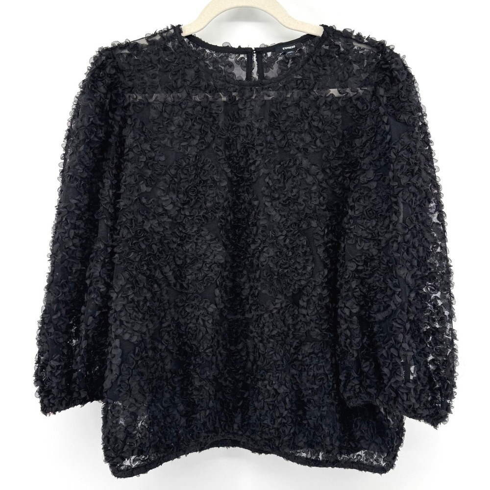 Express Blouse Women L Black 3D Floral Rosette Sheer Top Whimisgoth Romantic